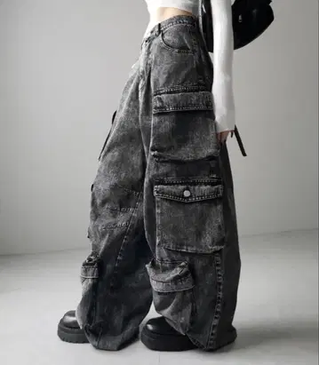 빈티지 케미컬 블리치 헤비 와이드 카고 데님