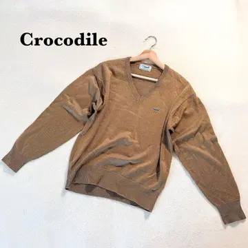 크로커다일 V넥 스웨터 니트 M 긴팔 브라운 로고 자수