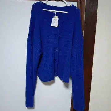 파랑 니트 가디건 롱 소매 데미지