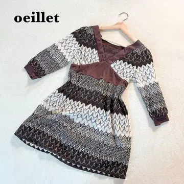 우이에 oeillet V넥 레이스 튜닉 M 브라운 7부 소매