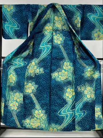 아리마츠 시보리 유카타 모란 유수 청록색 블루그린