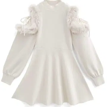 GRL 튤 숄더 퍼 플레어 니트 미니 원피스 아이보리