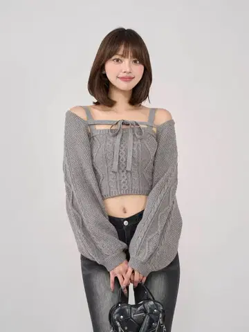 Darich 케이블 숏 니트 앙상블 GRY