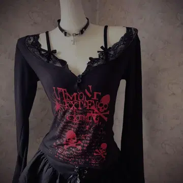 Y2K 00s 스컬 프린트 오프숄더 긴팔 상의 히메 스타일 헤이세이 갸루