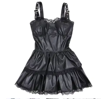 서브컬쳐 자수 로고 어깨 벨트 가죽 티어드 원피스