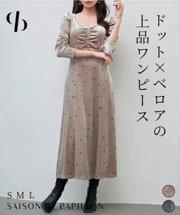 SAISON DE PAPILLON 도트 무늬 벨로아 롱 원피스