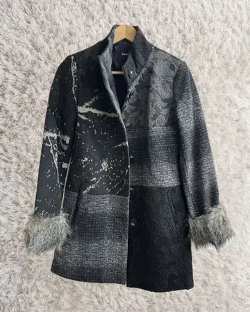 Desigual 패치워크 롱 코트 퍼 포함 36