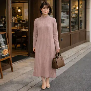 PLST 하이넥 롱 원피스 울 알파카 혼방 S 사이즈 스모키 핑크