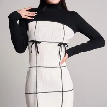 도킹 리본 디자인 니트 미니 원피스