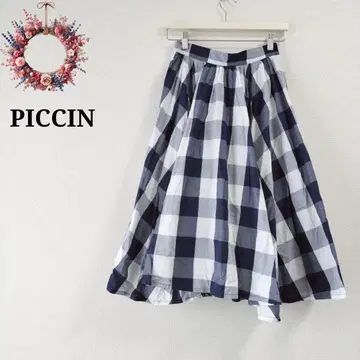 피킨 블록 체크 플레어 스커트 무릎 기장 격자 무늬 걸리시 M