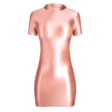 MJINM 핑크 새틴 반팔 미니 원피스 XL