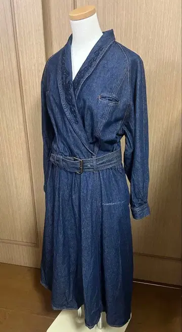 데님 원피스 긴팔 자수 빈티지 벨트 포함
