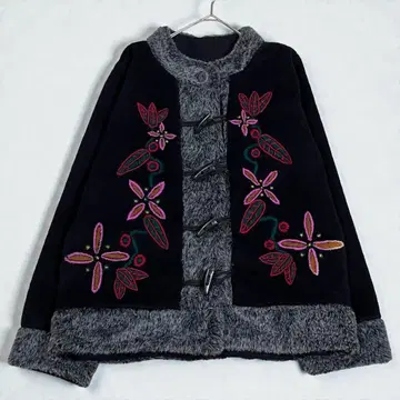 차이나풍 플리스 자켓 꽃무늬 자수 인조 모피 M 아우터 블랙