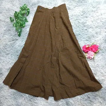 [ UJOH ] 체크 플레어 롱 스커트 (2) 브라운 맥시 길이 일본제