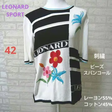 LEONARD SPORT 반팔 니트 스트라이프 플라워 자수