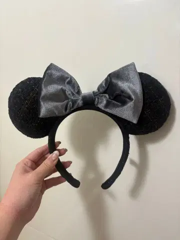 미키 귀 머리띠 블랙 실버 리본