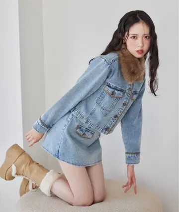 NICE CLAUP 데님 셋업 퍼 옷깃 파이핑 자켓 & 스커트