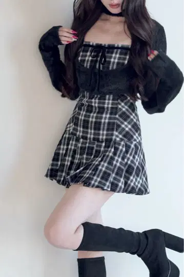 BunnyLis 퍼 볼레로 x 체크 미니 원피스 S