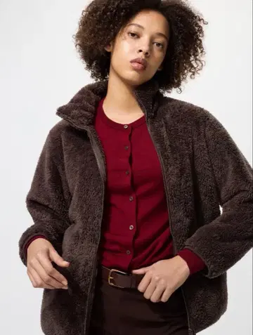 UNIQLO 퍼 리프 플리스 풀 지퍼 자켓 다크 브라운