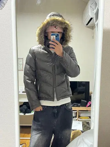 [ 짧은 기장 ] 광택 다운 자켓 퍼 달린 후드 y2k 그런지 더블 지퍼