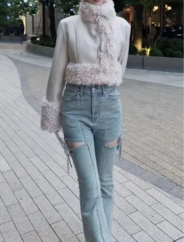 RESEXXY 데님 팬츠 컷 아웃 리본 데님 팬츠