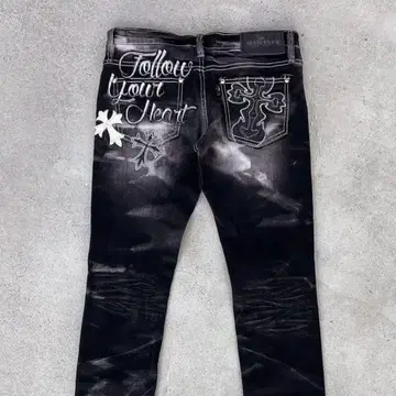 십자가 자수 스키니 블랙 데님 크로스 v계 헤이세이 갸루 고딕