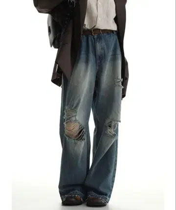 masonprince 데미지 가공 라이트 블루 데님 청바지