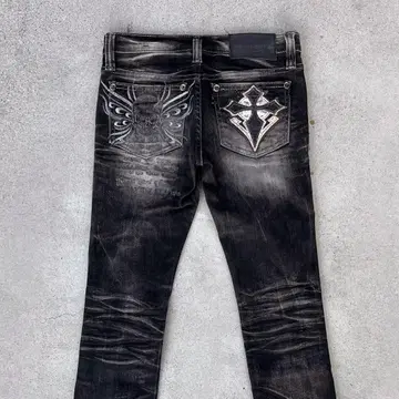 해골 자수 블랙 부츠컷 데님 십자가 v 헤이세이 갸루 남자 고딕