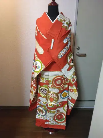 오렌지색 후리소데 순수 실크 꽃무늬 후쿠로 오비