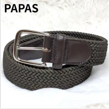 새상품급 PAPAS+ 가죽 밴딩 메쉬 벨트 카키 100사이즈 가죽