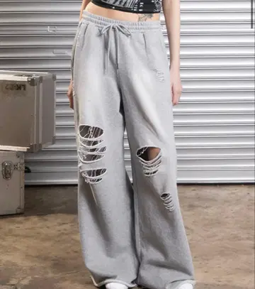 ACLENT J/W 데미지 맨투맨 와이드 팬츠 그레이