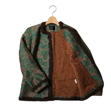 J434@ 자카드 패턴 퍼 트리밍 노카라 자켓 그린