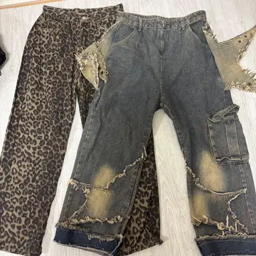레오파드 무늬 데미지 데님 팬츠