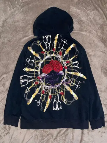 아주 화려한! 럭셔리 자수! 00s y2k 지퍼 후드티 장미 체인