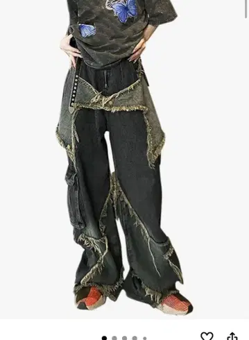 레오파드 무늬 데미지 가공 와이드 팬츠 2세트