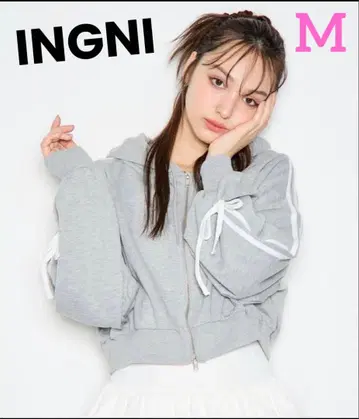 INGNI 잉그 소매 리본 숏 맨투맨 지퍼 후드티 그레이