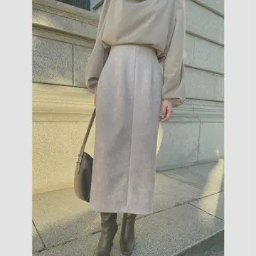 anuans 분또 스웨이드 타이트 스커트 라이트 그레이 롱 슬릿 밴딩