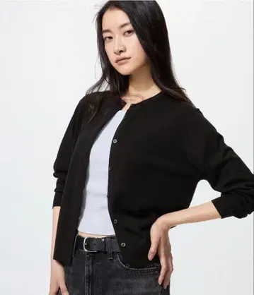 유니클로 메리노 크루넥 가디건 블랙 L