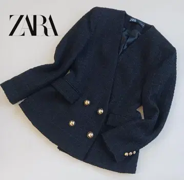 자라 더블 브레스트 노카라 트위드 자켓 골드 버튼 블랙 s 사이즈