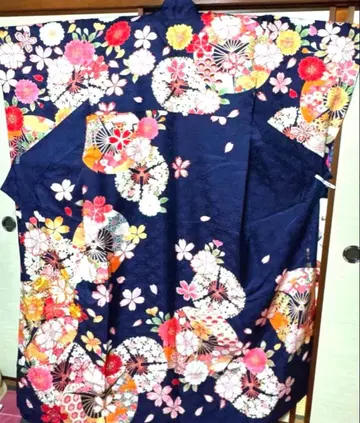 진한 남색 겹벚꽃 부채 후리소데 기장 165