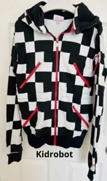 Kidrobot 블랙 화이트 추상 스트라이프 풀 집업 후드티
