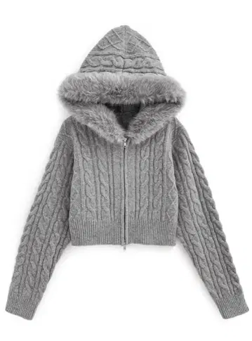 GRL 퍼 니트 후드티 그레이 그레일 gf90