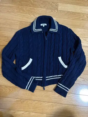 한국 GROVE 케이블 니트 집업 네이비 코튼 100%