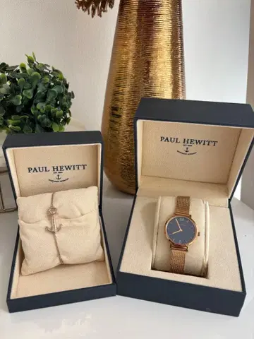 PAUL HEWITT 네이비 다이얼 핑크 골드 시계와 팔찌 세트