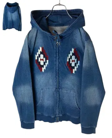 빅 네이티브 무늬 x USED 가공 데님 컬러링 집업 후드 맨투맨