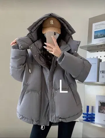 그레이 후드 부착 다운 자켓 L 사이즈