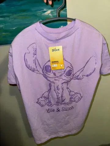 수입 Disney 스티치 반팔 T셔츠 M 상당 퍼플 글리터 라메