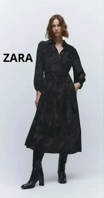 ZARA 롱 프린트 셔츠 원피스 블랙