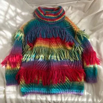 레인보우 터틀넥 니트 프린지 모헤어