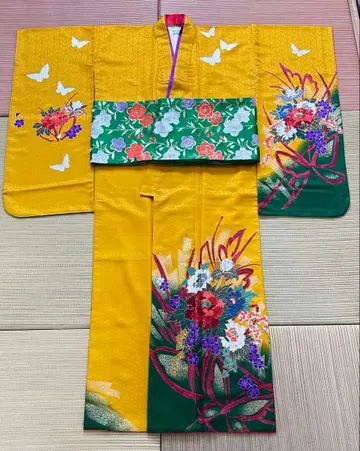 13세 축하 성인 꽃무늬 나비 자수 옐로우 컬러 기모노